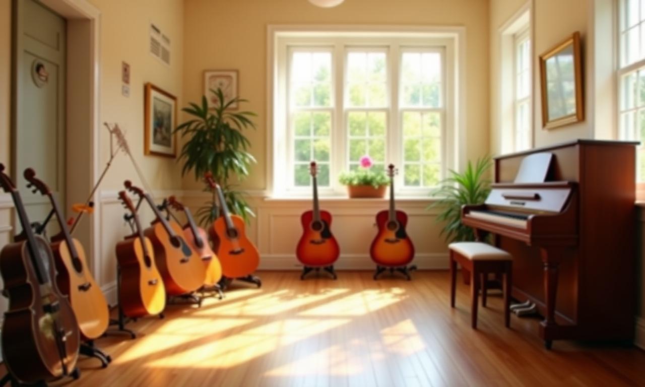 Salle de musique lumineuse avec divers instruments de musique prêts à être joués.