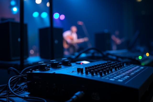 Matériel de sonorisation installé pour un événement, avec micros et enceintes
